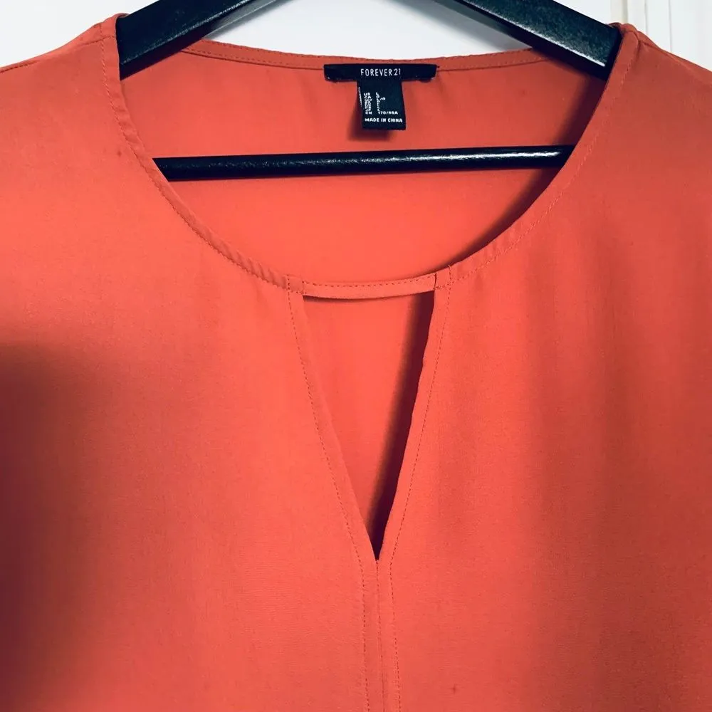 Forever 21 Rust Red Long Sleeve Silk Blouse with Front Keyhole Detail | Size: L - Image 2