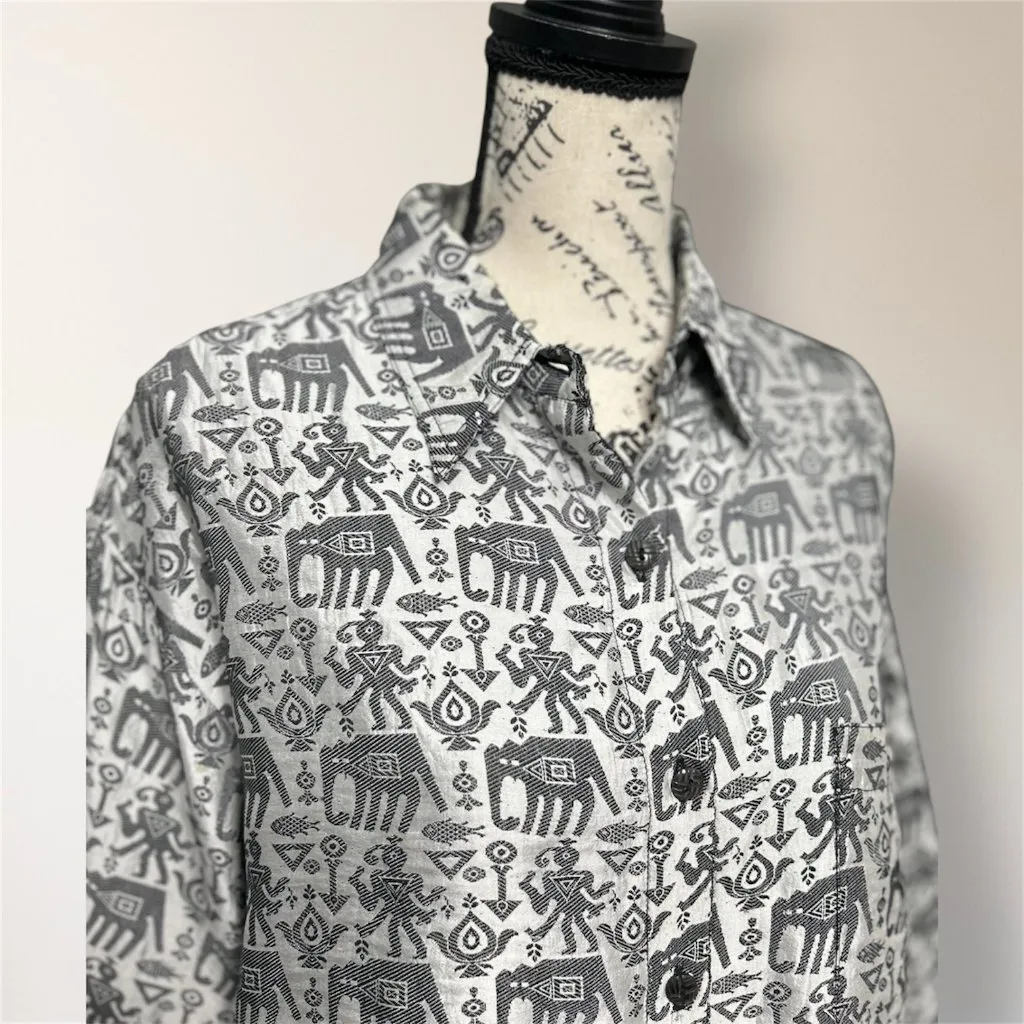 Vintage Chicos Design 2 Gray Tribal Silk Blend Embroidered Jacket Artsy Boho‎ L - Image 3