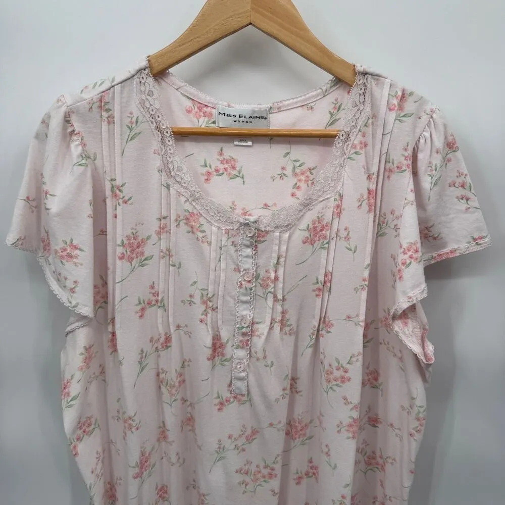 Miss Elaine Nightgown Women Plus 2X Pink Floral Print Cotton Polyester Lace Trim - Image 2