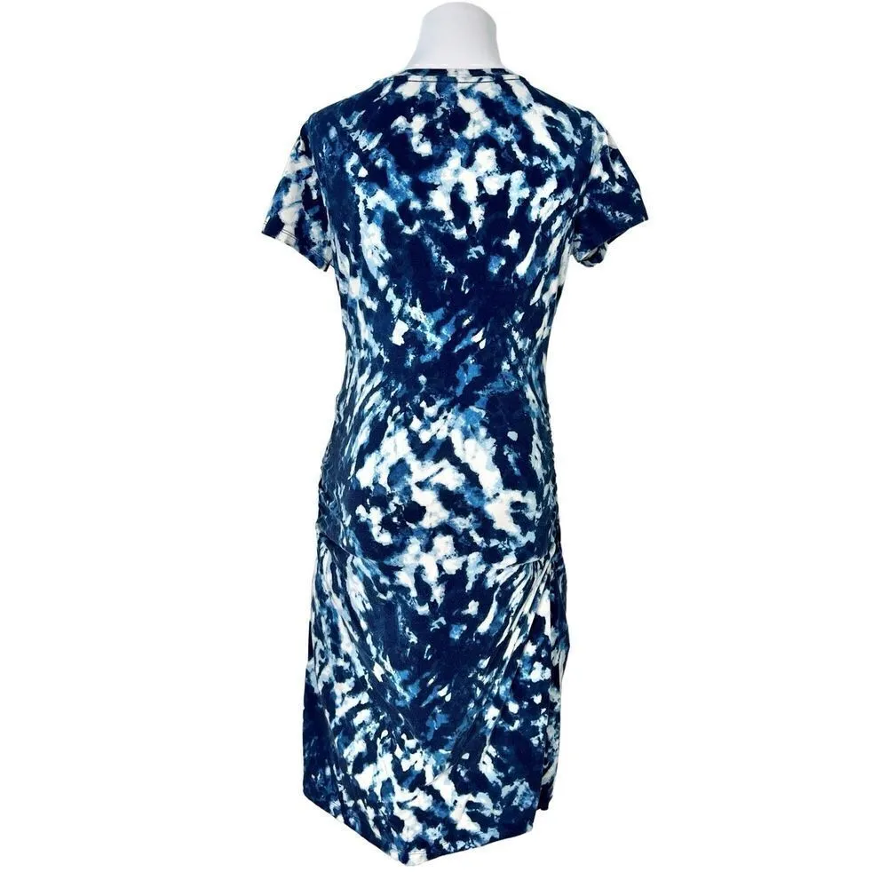 Old Navy‎ Maternity Fitted Ruched Blue Tie-Dye Jersey Knit Dress LARGE Casual - Image 4