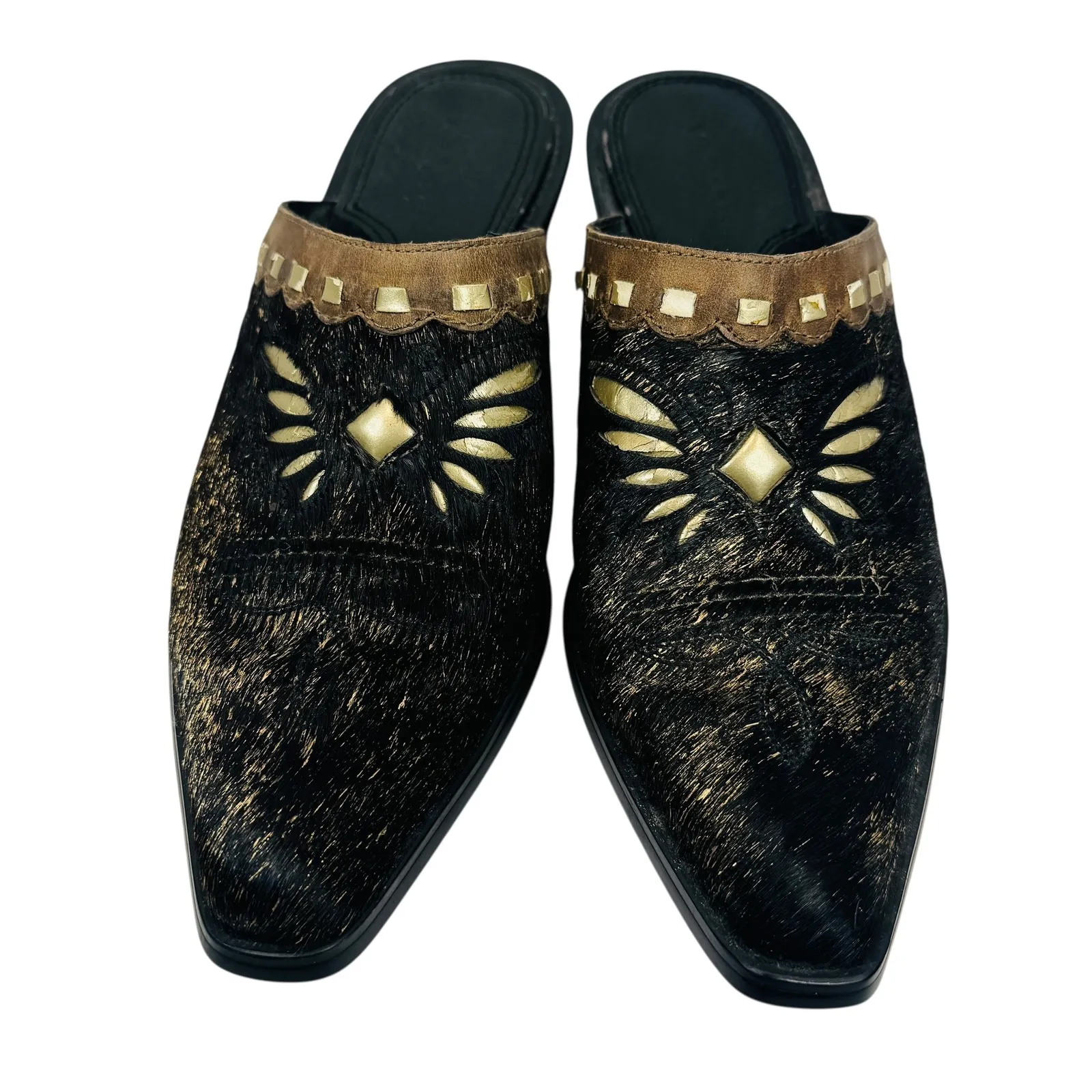 Sonora Hair On Hide Western Mules Sz 6 Black Gold Leather Cowgirl‎ Heels Boho - Image 12