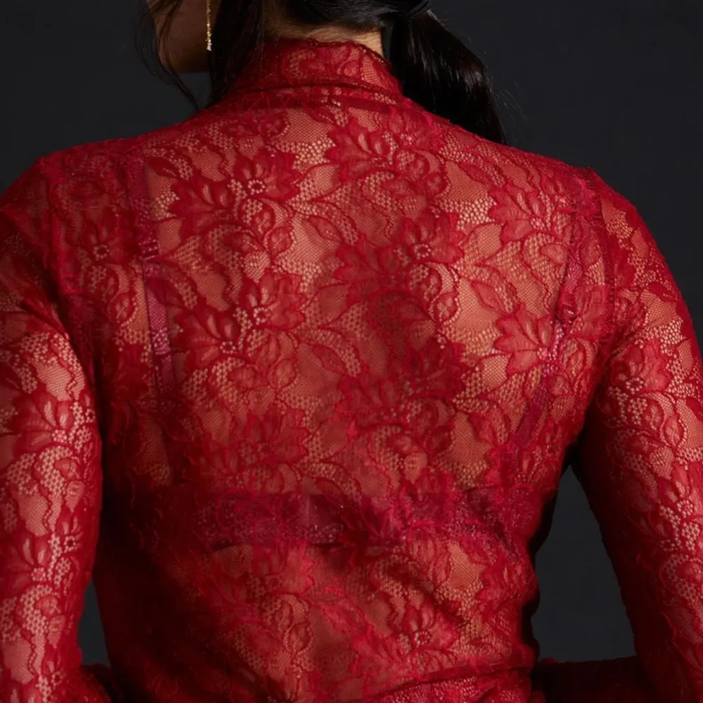 By Anthropologie Red Semi Sheet Lace Layering Turtleneck | XL - Image 4