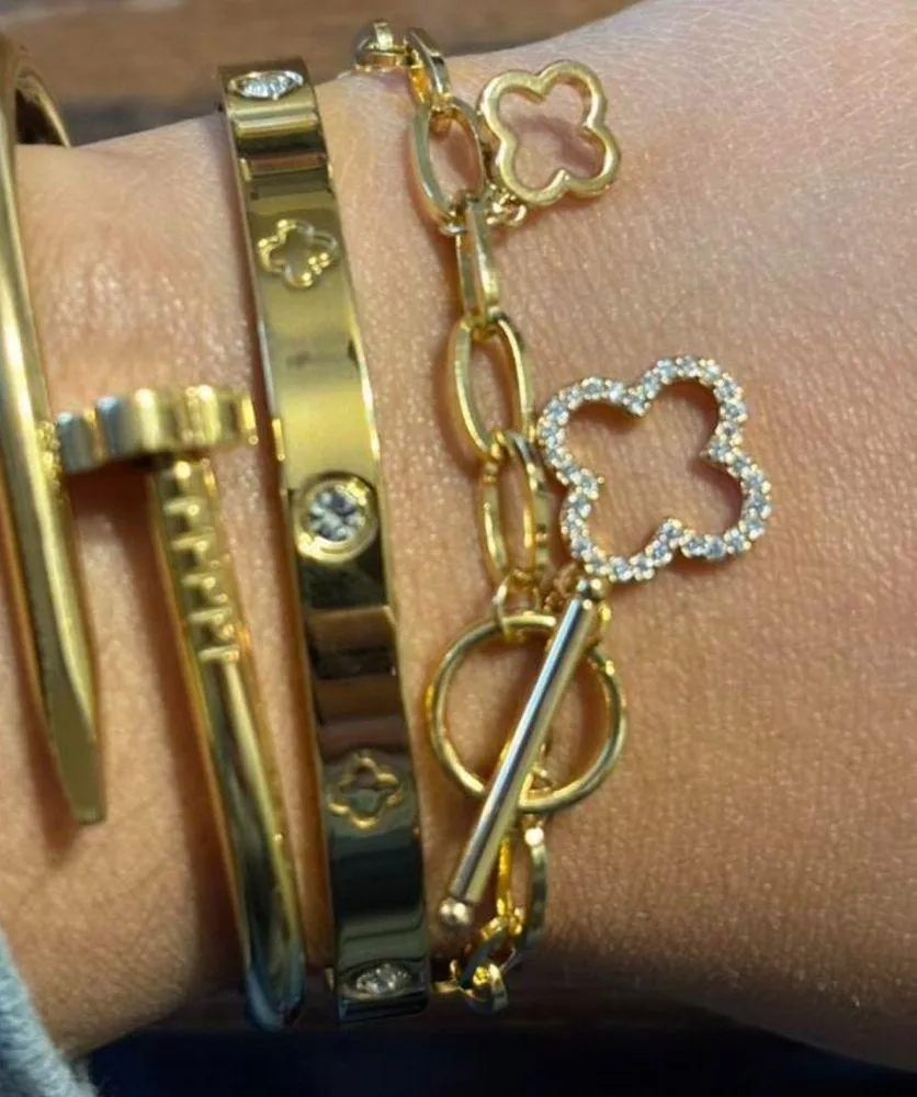 18K Gold Plated Nail Clover Bangle Bracelet Stainless Steel womens Jewelry NWT - Image 2