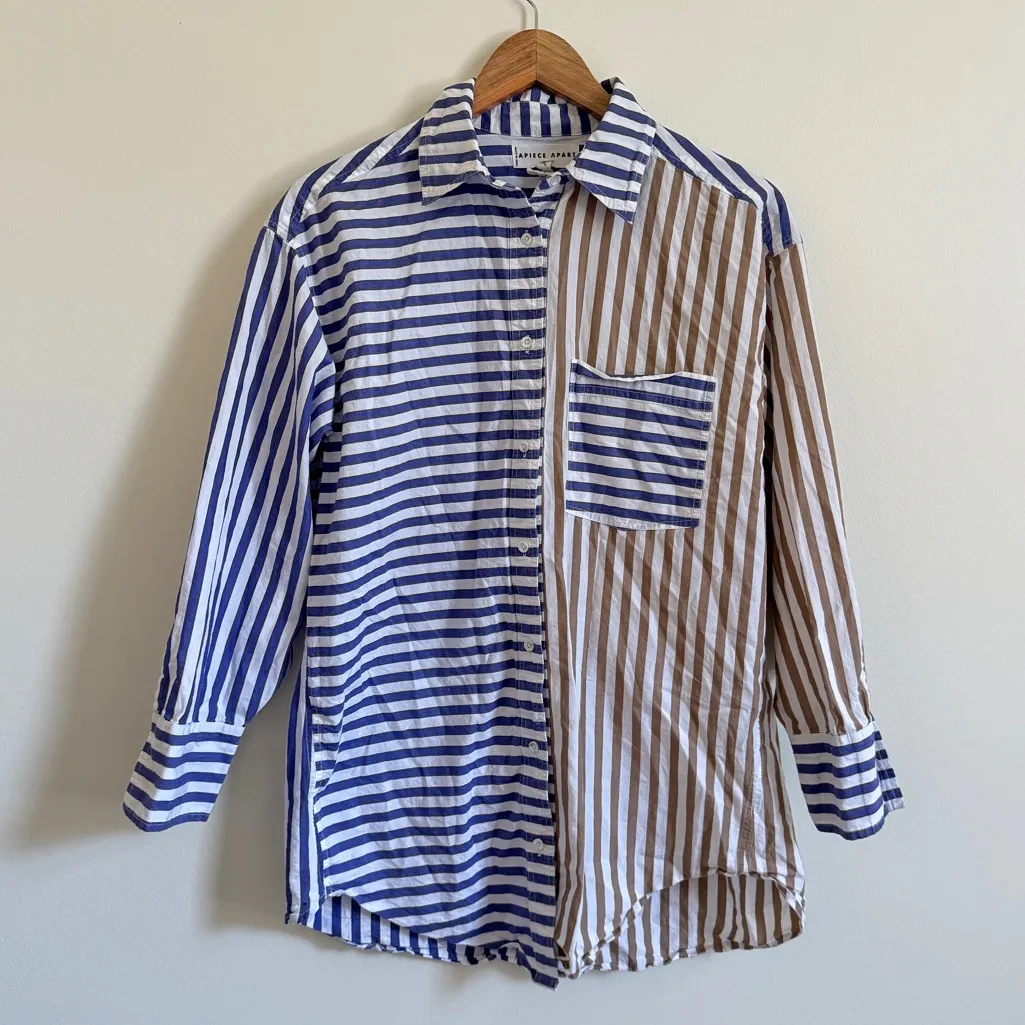 Apiece Apart Oversized Button Up Shirt Striped Resort Organic Cotton XS Blue - Image 2