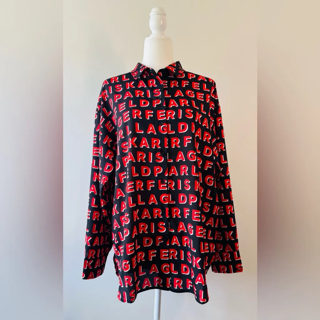Karl Lagerfeld Paris Drop Shoulder Spell-Out Red & Black Blouse Size L NWT - Image 3