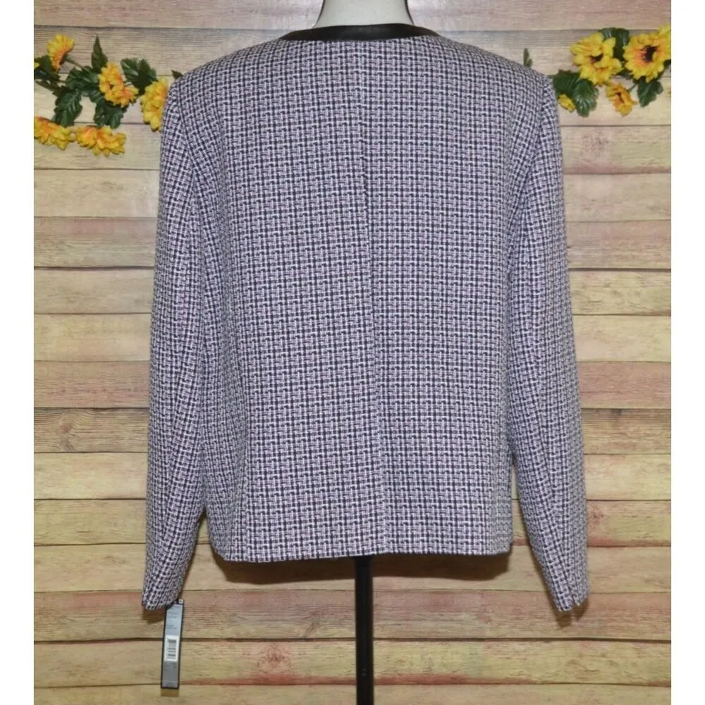 NWT Tahari Arthur Levine 14W Purple Open Tweed Blazer Jacket Faux Leather Trim - Image 5