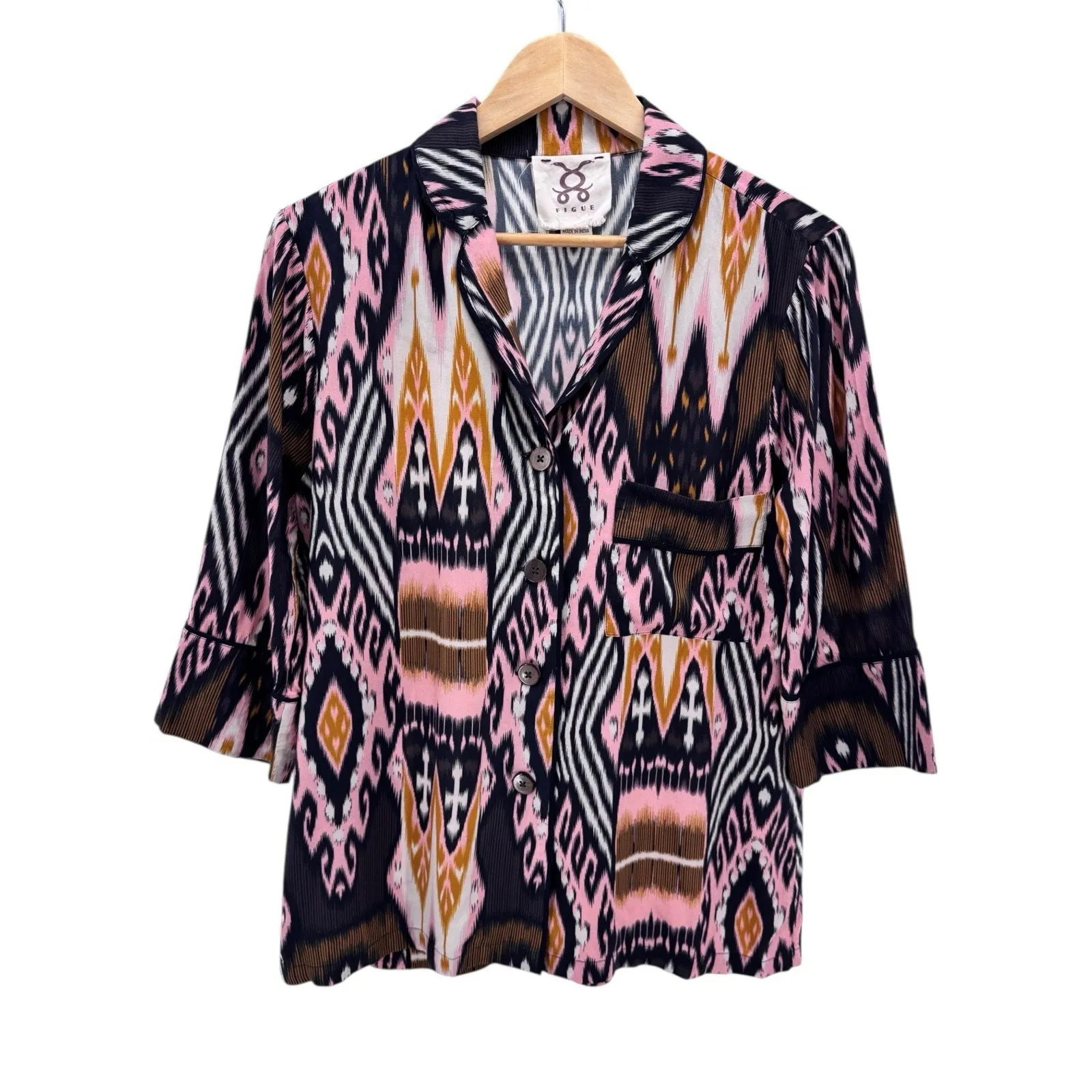 Figue Nova Blouse Small Abstract Ikat Print Boho Luxe Top 3/4‎ Sleeve - Image 3