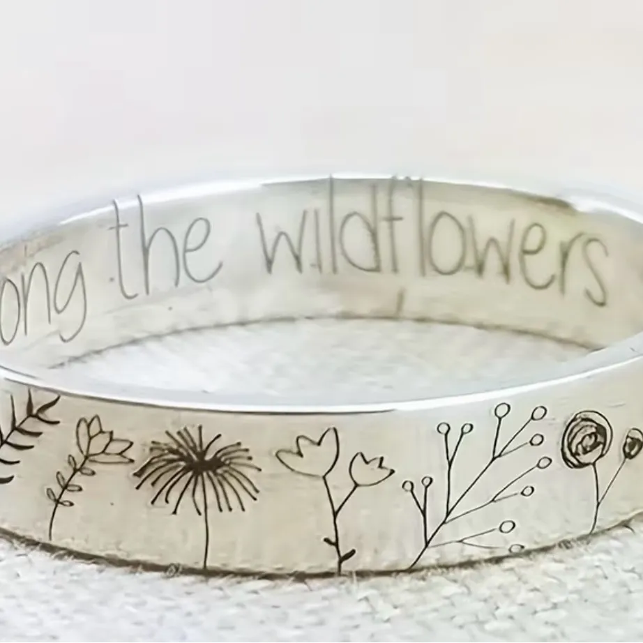 “You Belong Among the Wildflowers” 6 mm Dandelion Vintage Band Size 8 Silver - Image 2