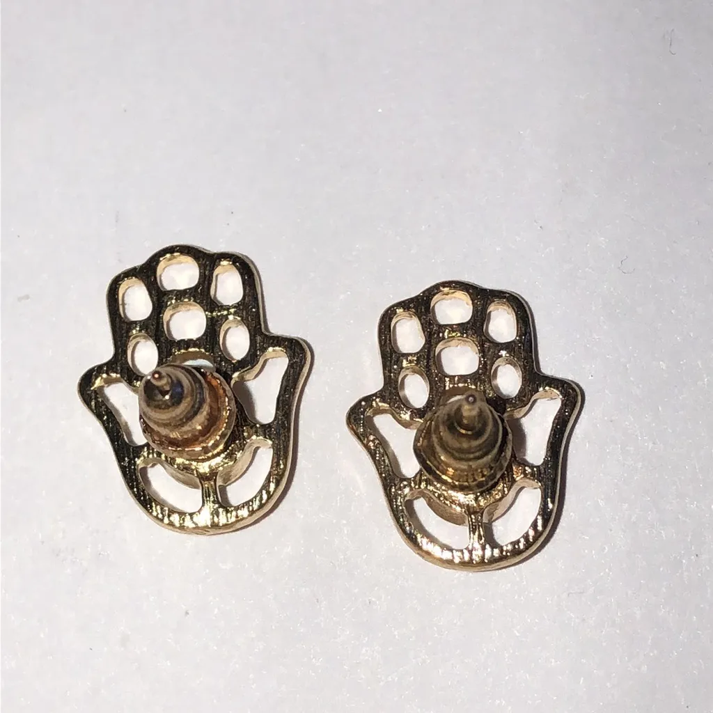 Gold Tone Hamsa Hand Earrings with Crystal Accent - Image 2