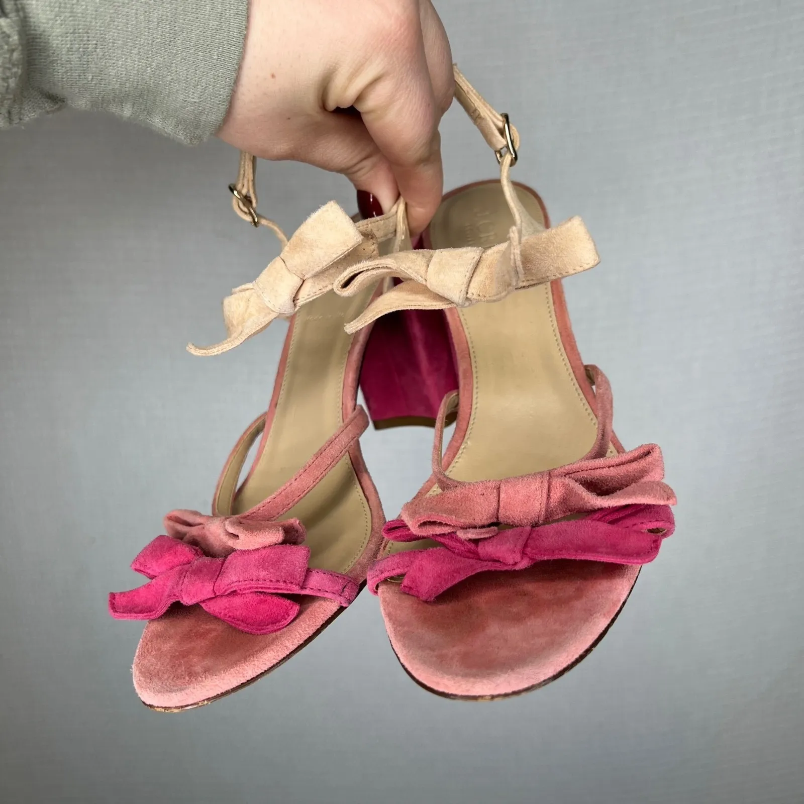 J. Crew Stella Pink Suede Bow Block Heel Sandals Shoes Women's Size 7.5 - Image 3