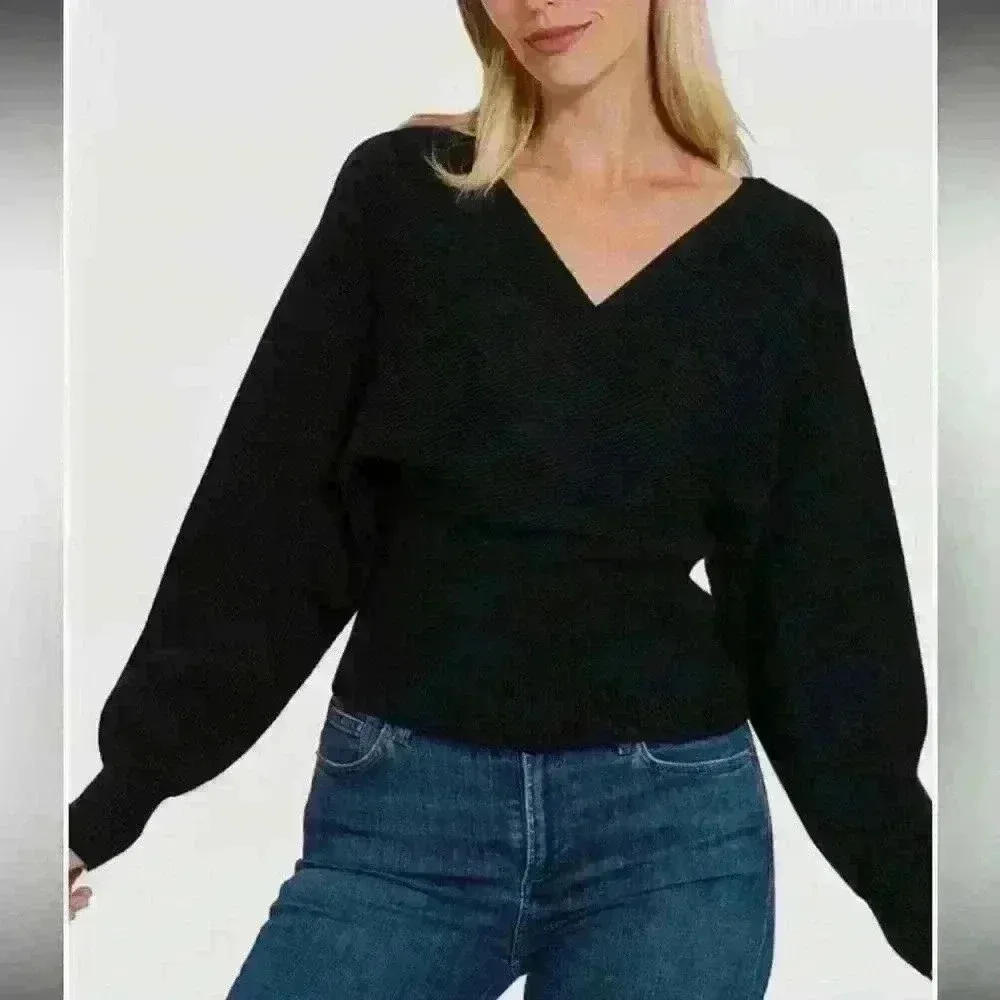 Zenana Cross Wrap Rib Long Sleeve Sweater Black New Without Tags Medium Trendy - Image 3