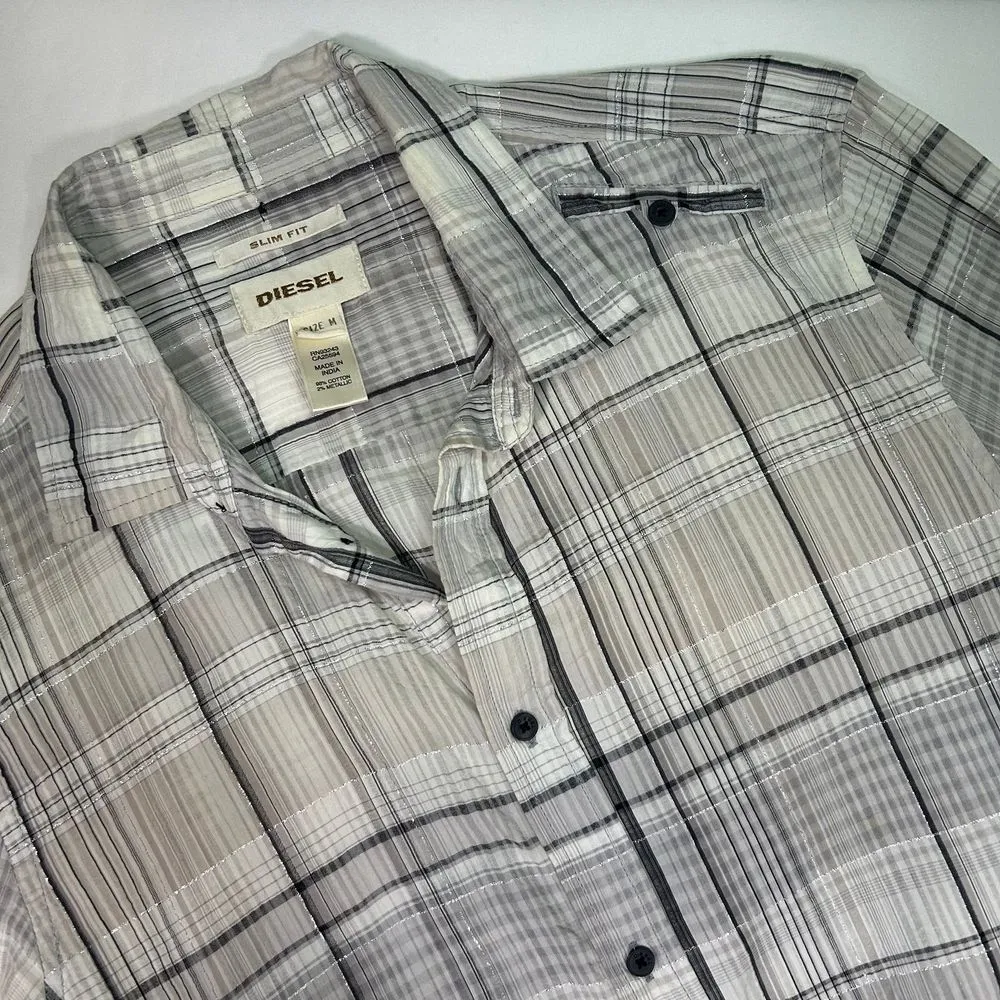 Diesel Slim Fit Plaid Button Down Shirt Womens Medium Gray‎ - Image 3