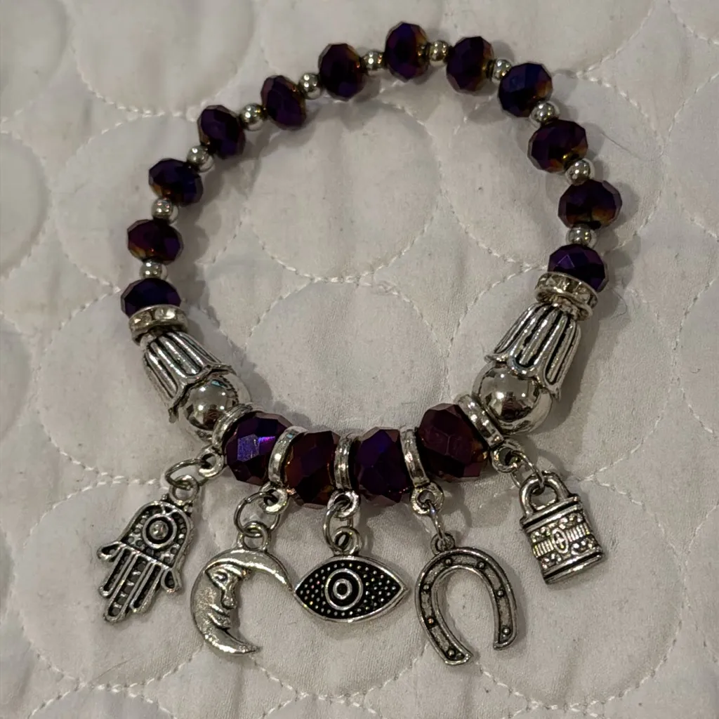 Women Purple silvered beads stretchy bracelet with lucky and protection charms - Image 2