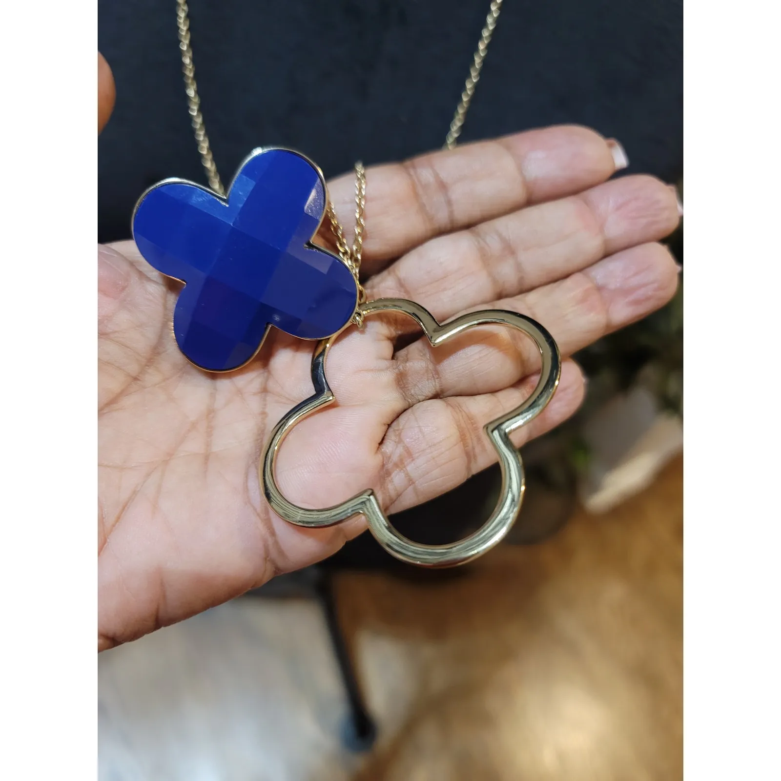 Women's Long Gold Chain Necklace Blue Clover Pendant With Lobster Clasp Lock - Image 5