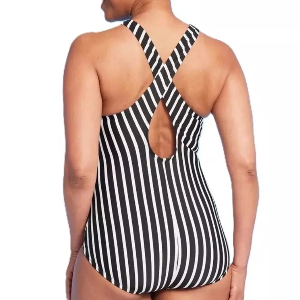 Lands' End Women's medium 10-12 Black & White Striped High Neck 1 Piece Swimsuit - Image 2