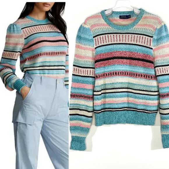 Polo Ralph Lauren Striped Teal Multi Crew Neck Knit Sweater Size Medium Pullover - Image 2