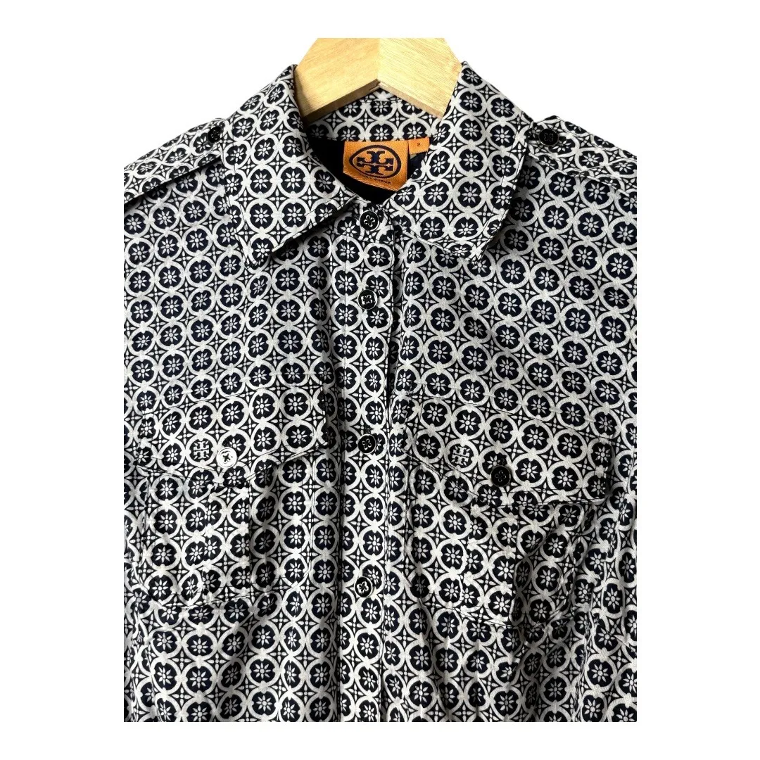Tory Burch Shirt Dress Rare Long Sleeve Belted Collared Geometric Print Size‎ 2 - Image 5