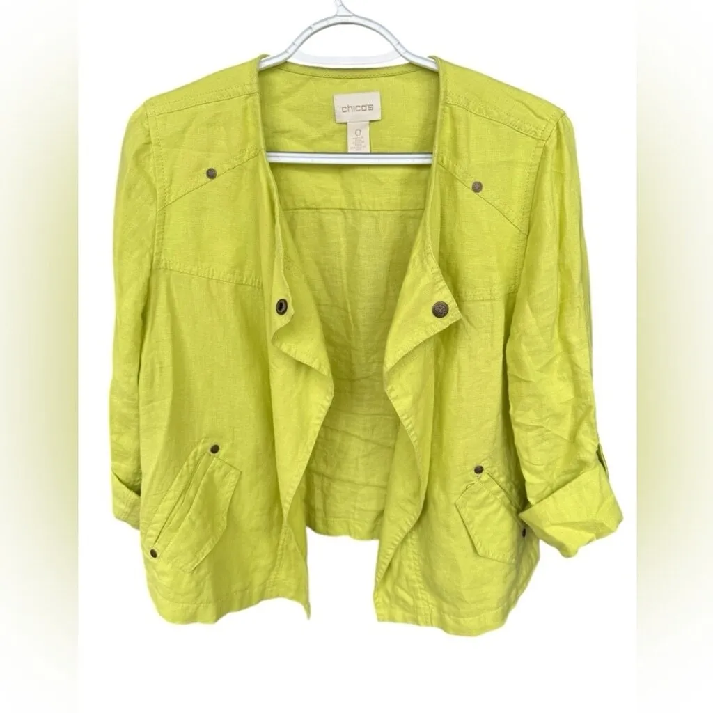 Chico's‎ Lime Green Drape-Front Easy Linen Jacket Size 0 Lightweight Summer - Image 2