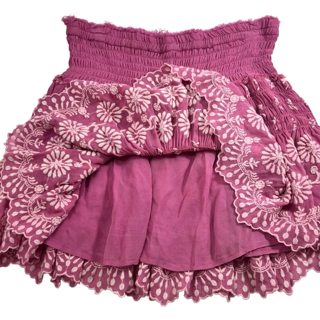 Love Shack Fancy Floral Smocked Ruffled Mini Skirt Pink Size M - Image 2