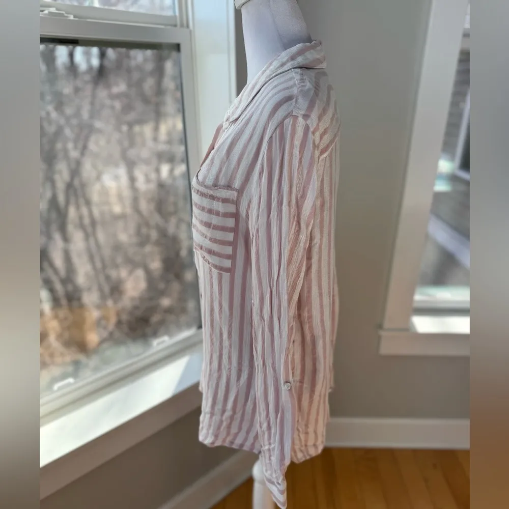 Cato C Brand Pink White Coastal Striped Textured Flowy Rayon Button Down Shirt L - Image 2