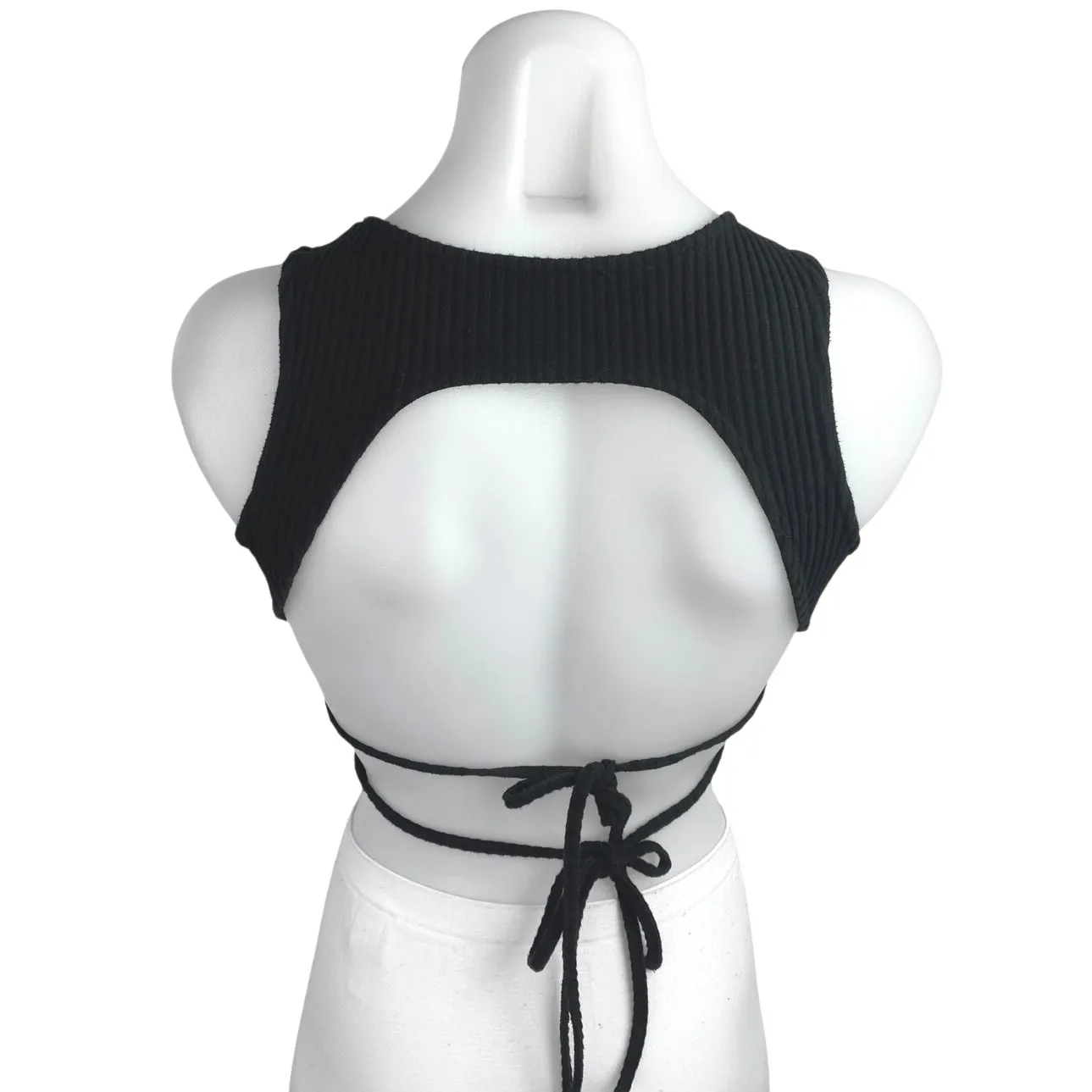 White Fox Women's Black Rib Knit Sleeveless Backless Tie Back Crop Tank Top Sz S - Image 2