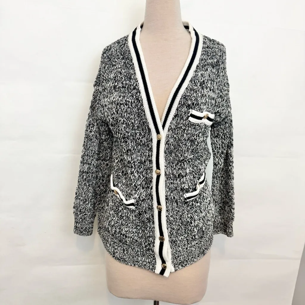 Anthropologie Maeve Tweed Boyfriend Cardigan Button Up Black & White Large - Image 2
