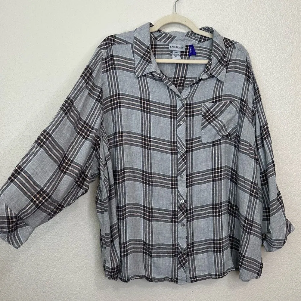 Catherines Gray Plaid Button Down Women’s Shirt, Size 3XWP - Image 2