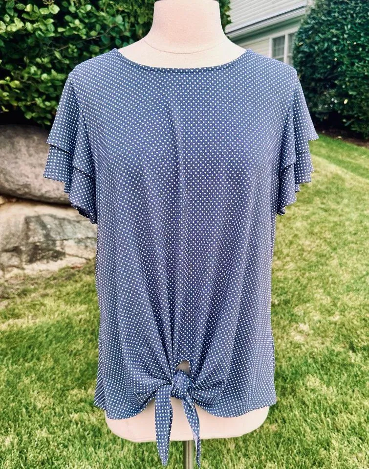 Adrianna Papell Blue & White Polka Dot 
Ruffle Short sleeve Blouse Size L - Image 5