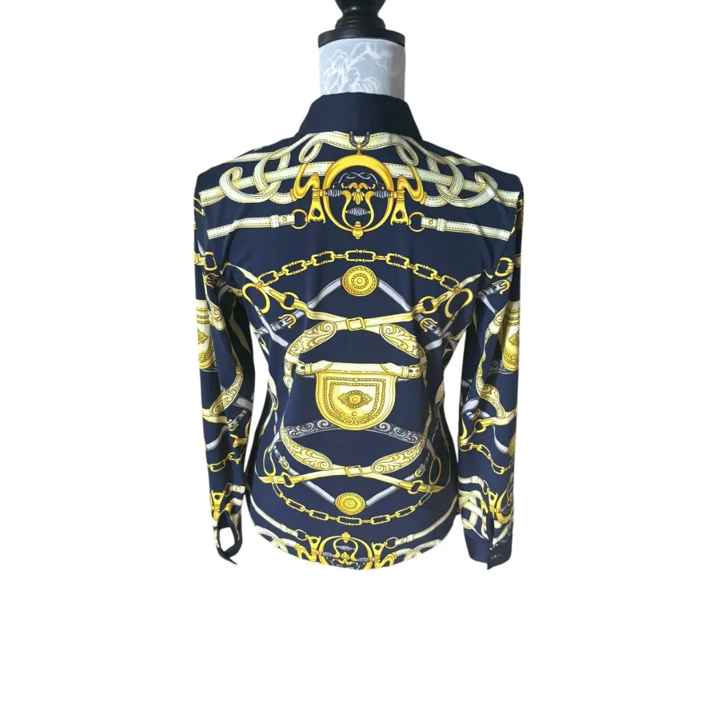 J McLaughlin Blue Yellow Catalina Cloth Equestrian Chain Print Top Size Small - Image 6