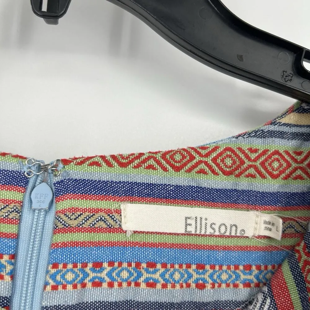 Ellison Boho Woven Mini Dress Mixed Pattern Hippie Blue Split Neck Pockets Sz L - Image 9