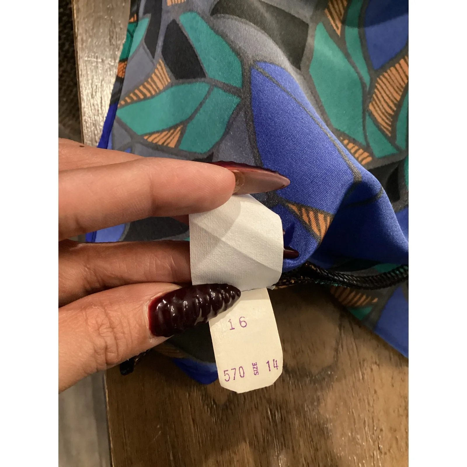 Vintage Howard Wolf pleated long sleeve retro blue black green leaf midi Dress Size 14 - Image 12