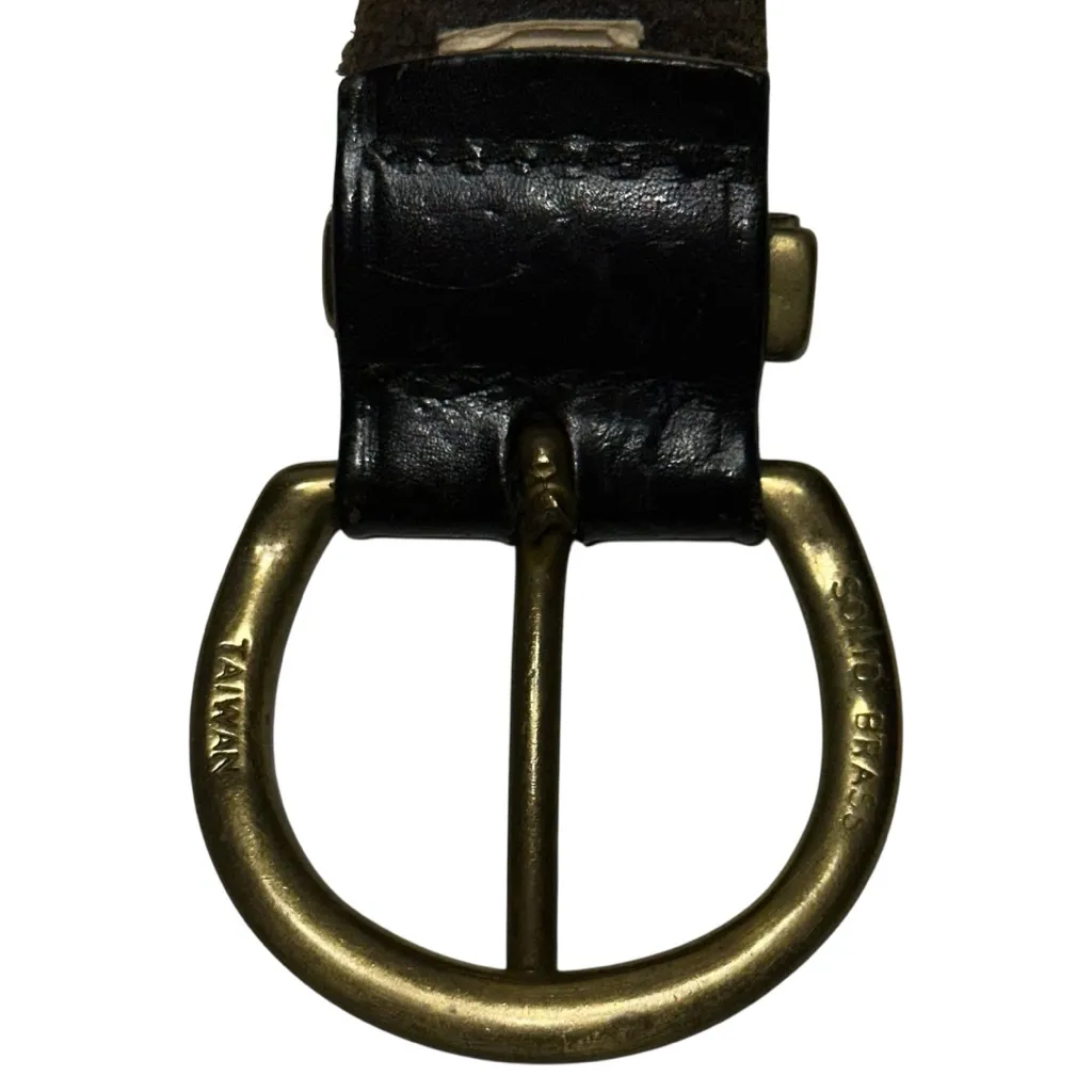 Vintage Y2K Size M Black Leather Round Solid Brass Buckle Belt - Image 4