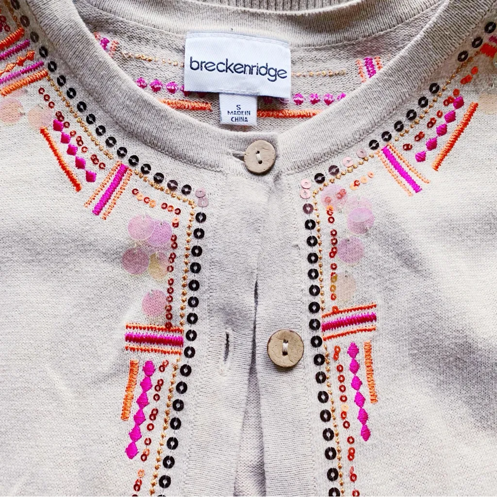 Breckenridge Cardigan Sweater Womens Size Small Tan Pink Orange Embellished - Image 5
