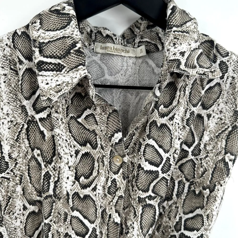 Laura Bianchi Linen Shirt Dress Snake Print khaki brown Size Extra Small Black - Image 4