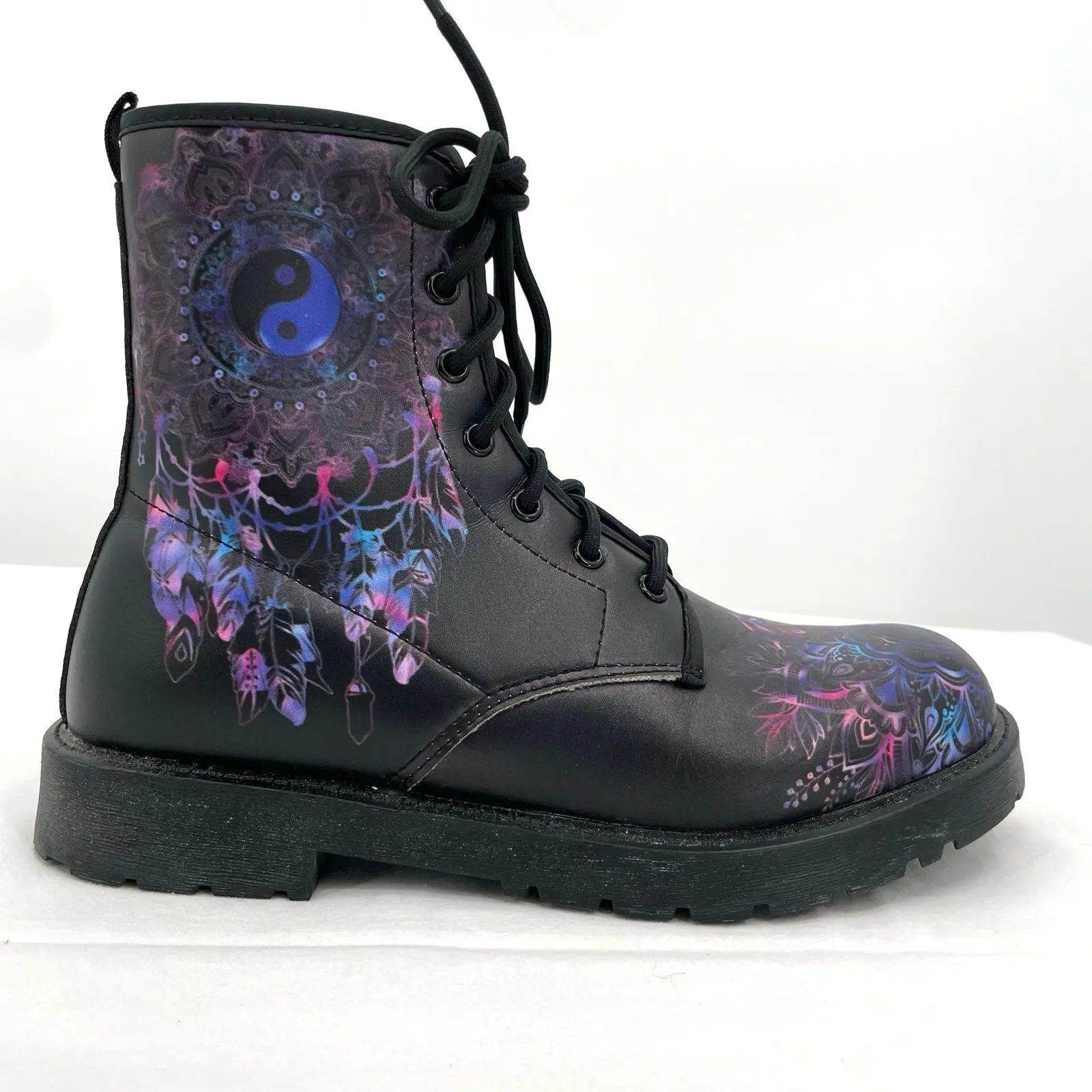 Yin Yang Dreamcatcher Combat Boots Black Blue Faux Leather Festival EU 38 | US 7 - Image 5