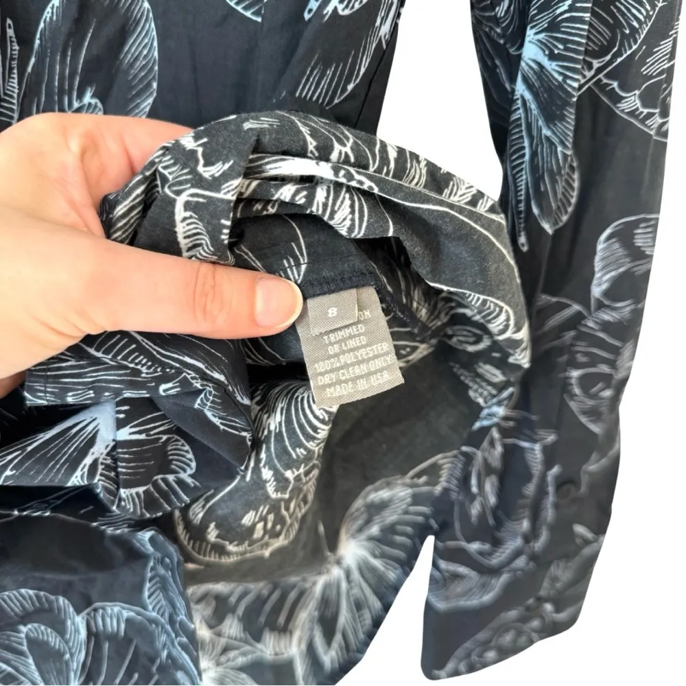 Lela Rose Butterfly Print Cotton‎ Long Sleeve Shirt 8 Navy Blue - Image 8