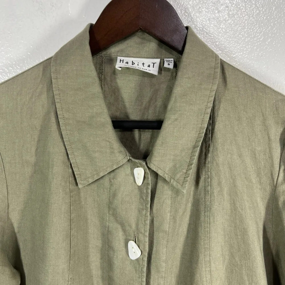 Habitat Linen Button Down Shirt Olive Green Long Sleeve Career Casual Size Small - Image 7