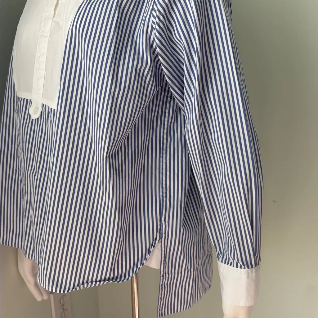 Spanx Poplin Tuxedo Button Front Shirt Blue and White Striped Blouse Small - Image 6