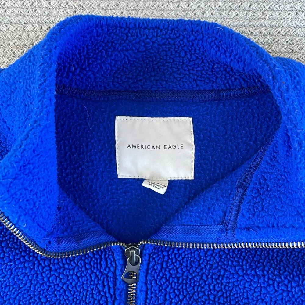 American Eagle Cobalt Blue Quarter Zip Cropped Sherpa Fleece Sweatshirt Sz XS - Image 4