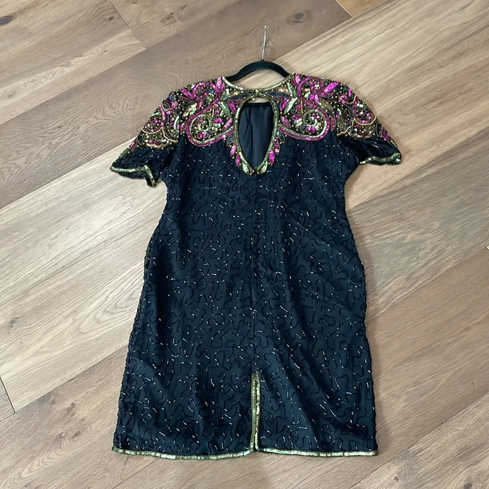 Laurence Kazar Silk Vintage Stunning Beaded Sequin Sexy Evening Gown Petite XL - Image 9