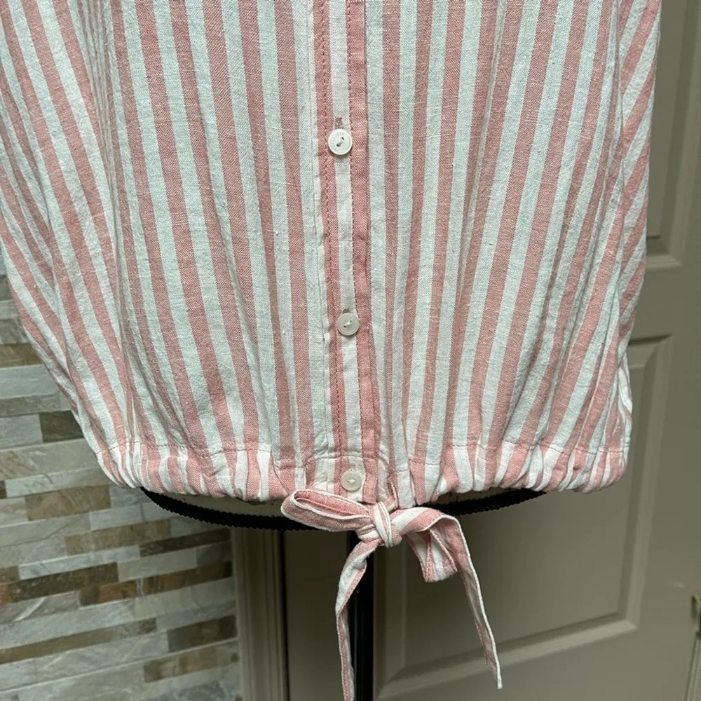 Sanctuary Linen Blend Stripped Top, Buttoned Shirt With Hem Ties Sz M - Image 6