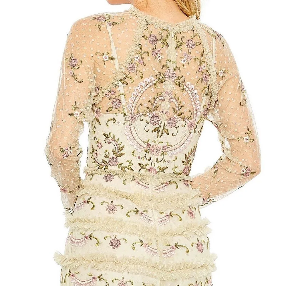 MAC DUGGAL 8030  Mesh Polka Dot Long Sleeve Floral Ruffle Tired Gown Dress - Image 7