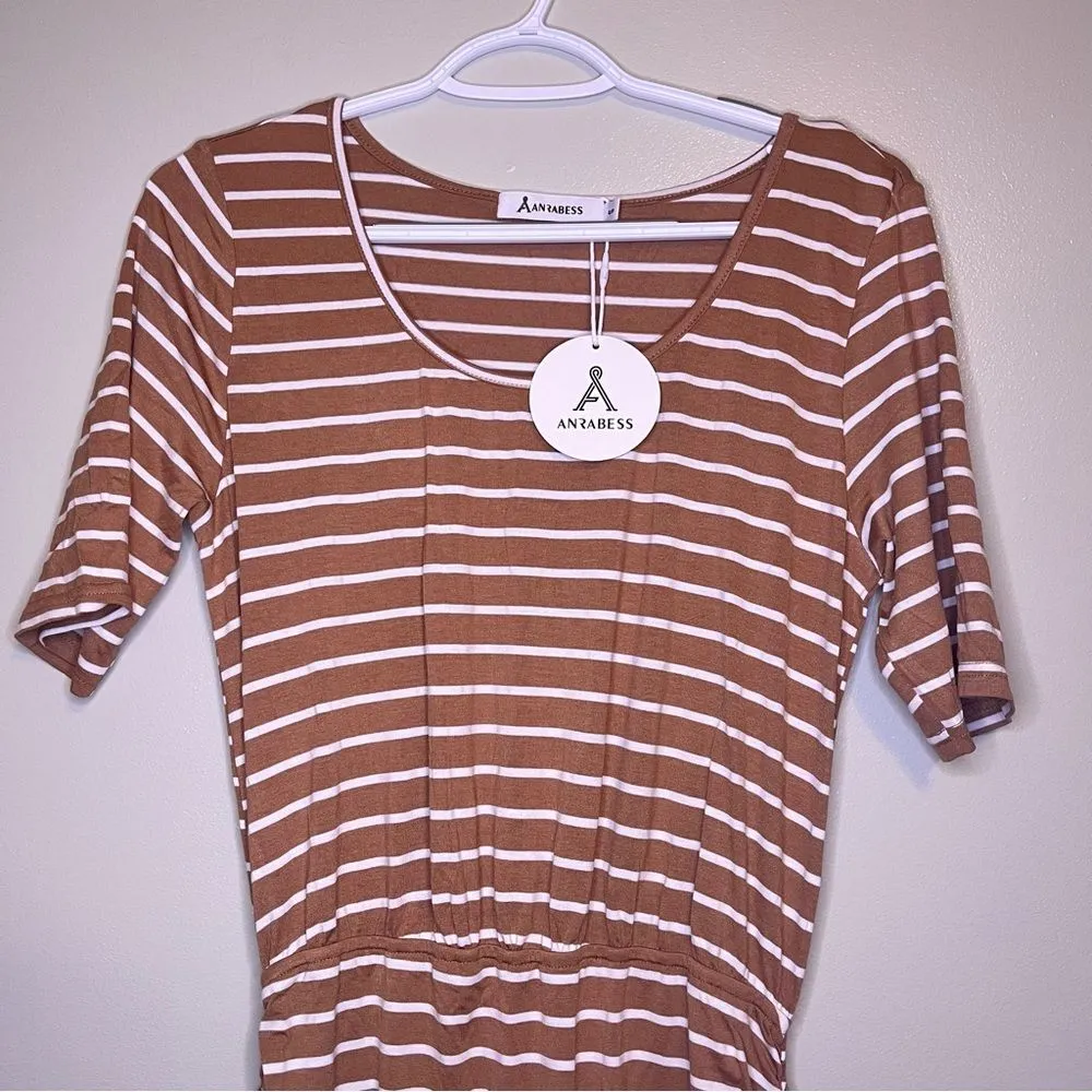 Anrabess Brown and White Striped Midi Dress Ruched Bodycon Small Quarter Sleeve - Image 3