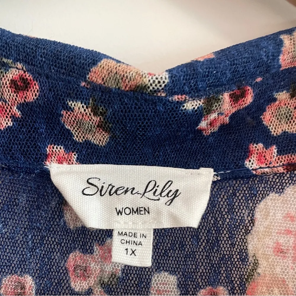Siren Lily Women Sheer Maxi Komono Dress Blue w/ Pink Flowers & Front Tie Sz 1X - Image 2