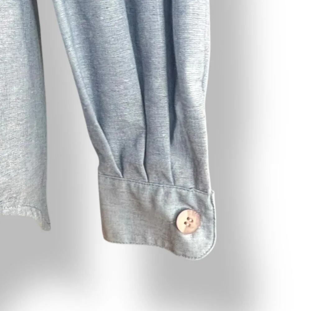 Vintage 80s Chambray Floral Embroidered Shirt Pintuck Pleats Long Sleeve Top 8 Blue - Image 4