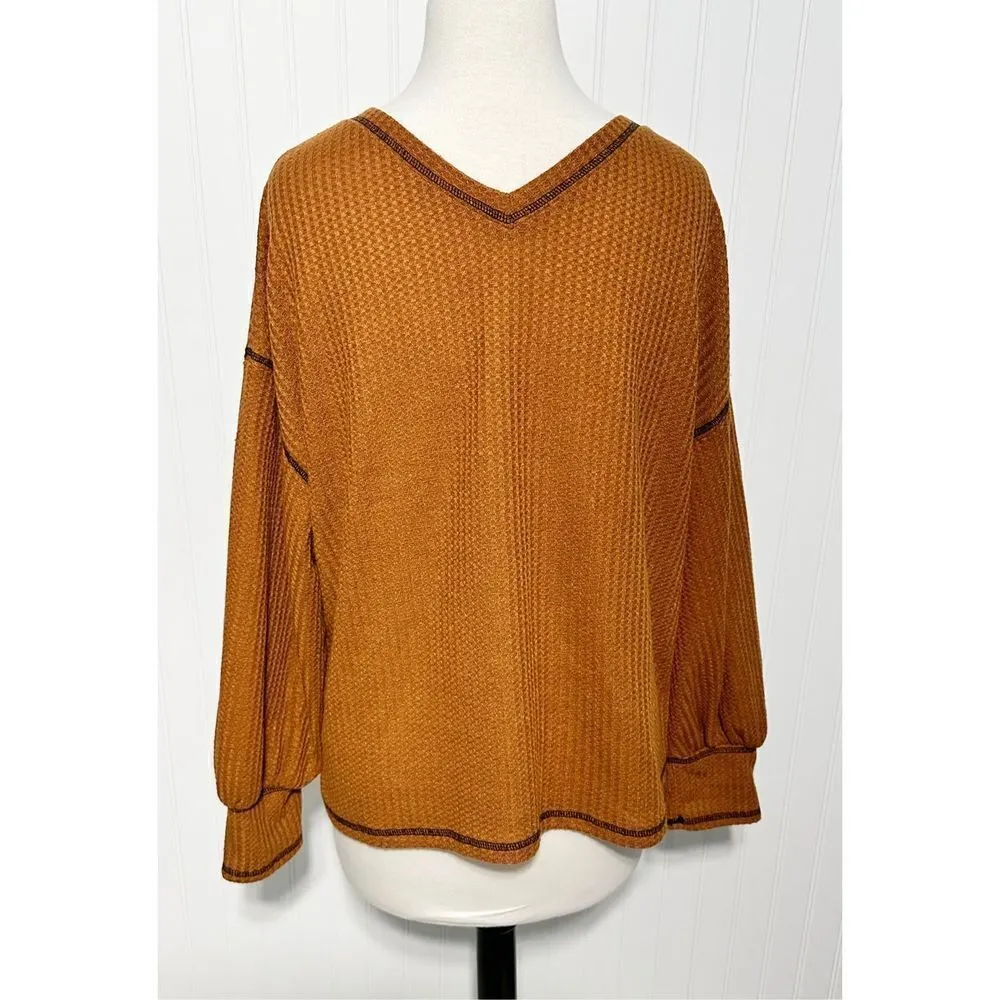 Shein Women's Waffle Knit V Neck Long Sleeve Curve Pullover Sweater Brown Sz 2XL - Image 10