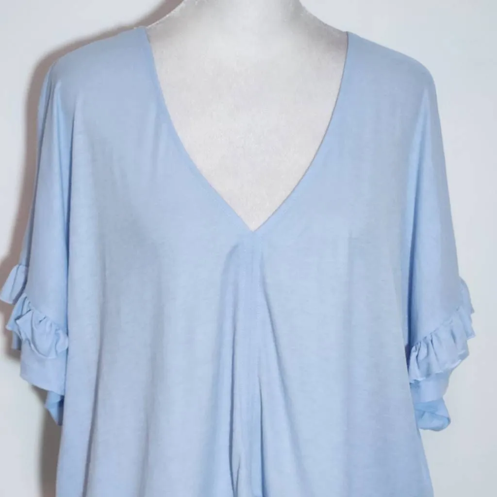 Bishop + Young Light Blue Cropped V-Neck Top with Ruffle Trim Size Large - Image 3