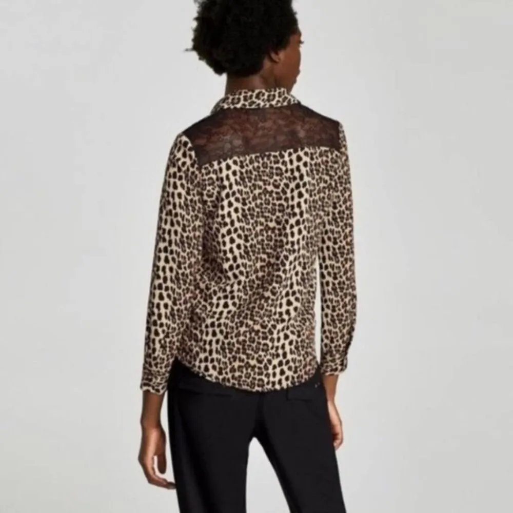 Basic Lace Cheetah Top Button Down Small Long Sleeve Animal Print Blouse - Image 9