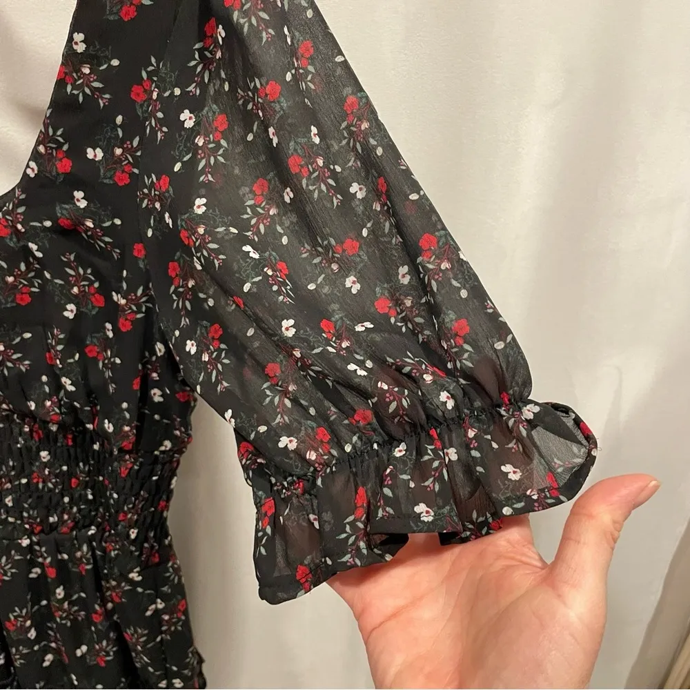 Y2K style Trixxi black roses ruffle peasant mini dress open neckline - Image 7