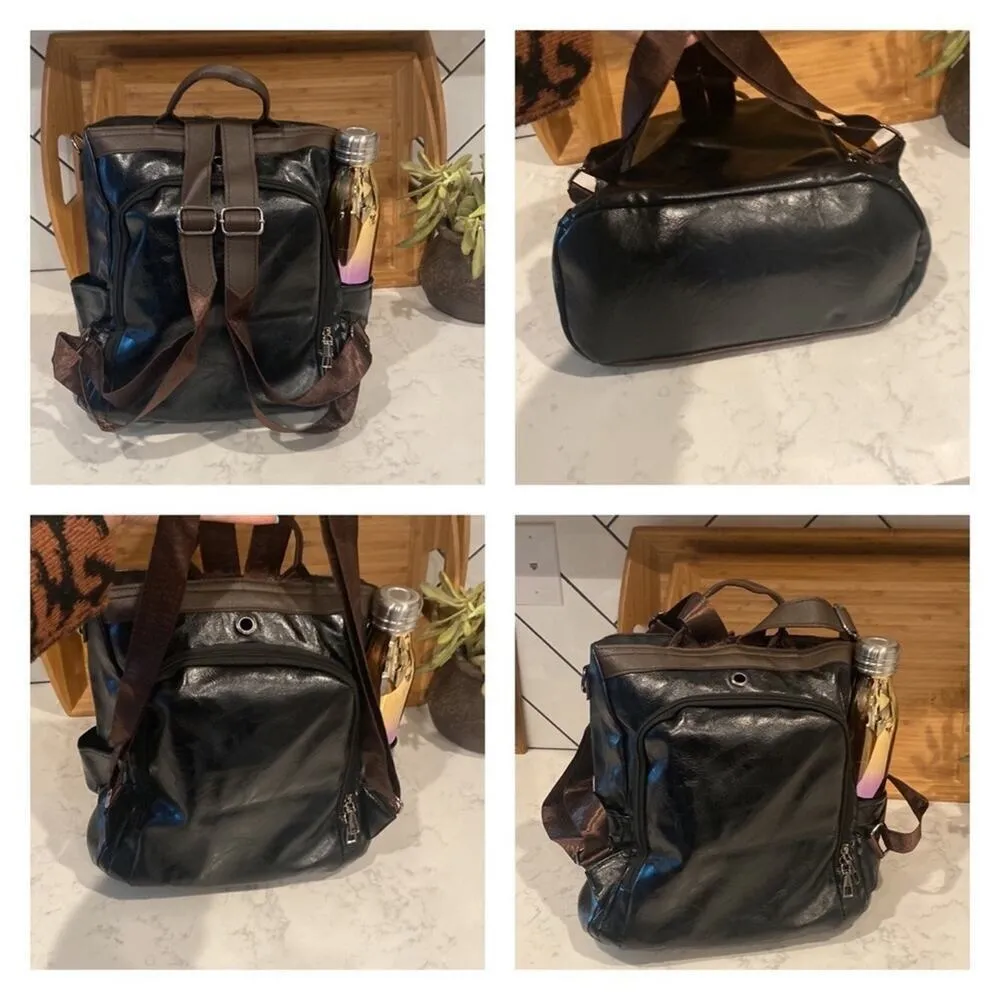 Vegan Leather Backpack One Shoulder Messenger Anti Theft Waterproof Travel Green - Image 7